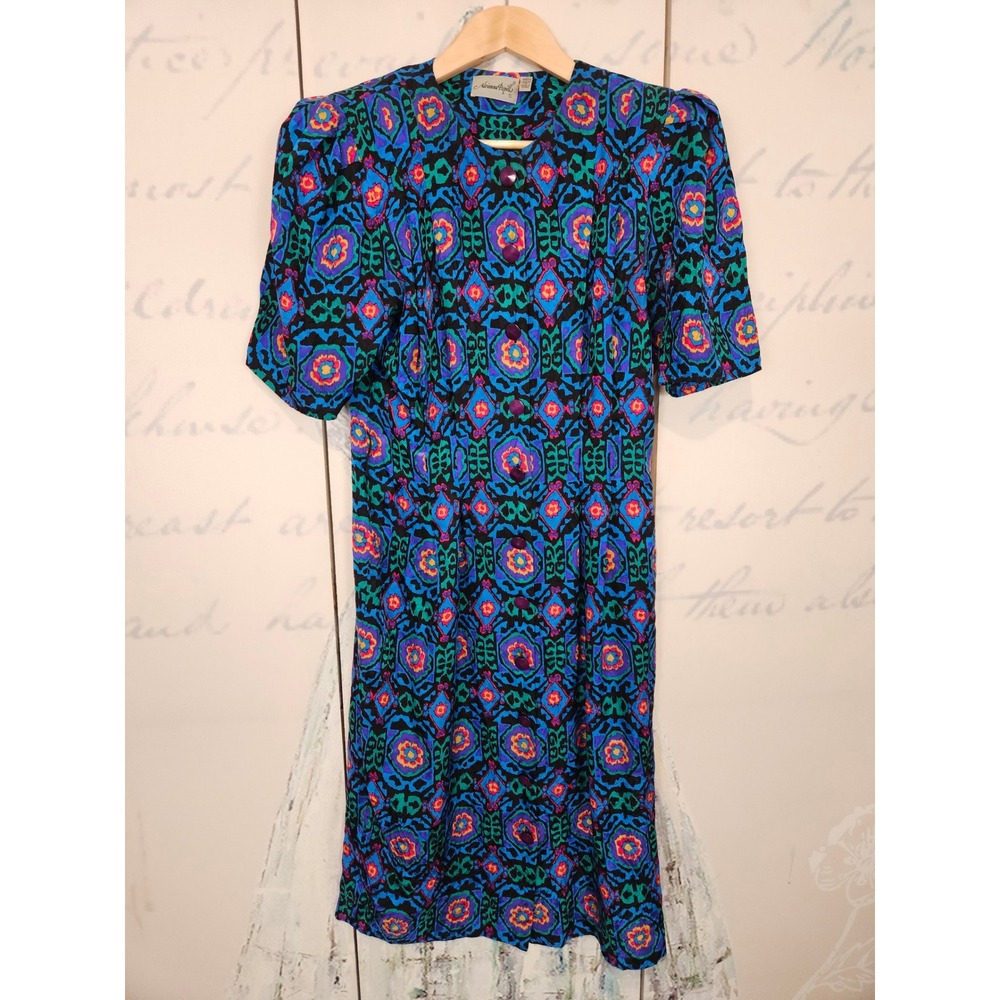 Adrianna Papell Vintage 100% Silk Geometric Medallion Print Midi Dress‎ Blue 6